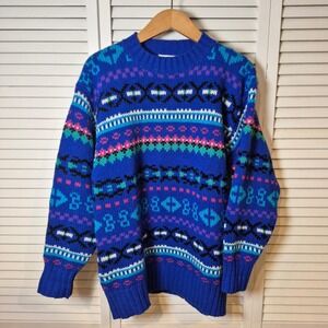 Vtg 80s Brass Plum Nordstrom Wool Sweater S Colorful Knit Pattern Blue 100% Wool